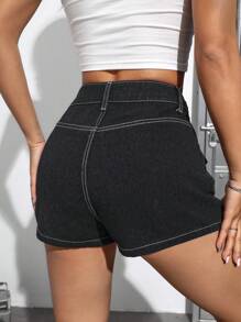 SHEIN EZwear Women's Color Blocking Stitching Denim Shorts - Black - View 2
