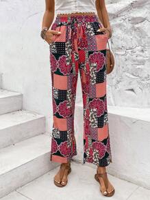 Breezaya Women's High Waist Floral Print Tie-Front Wide Leg Pants Fall Cloth For Women - Multicolor - View 5