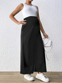 SHEIN Thai sản Viền bình hàng eo Quần - Màu xanh lam - Xem 3