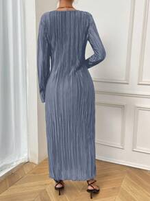 Chiquease 女款純色圓領長袖休閒連身裙 - 藍色 - 查看 2