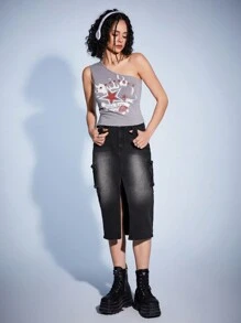 Forever 21 低腰復古分叉前裝貨物牛仔裙 - 灰色 - 查看 3