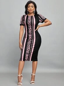SHEIN Lady 女士豹纹圆领短袖修身优雅办公室连衣裙，春夏 - 彩色 - 查看 6