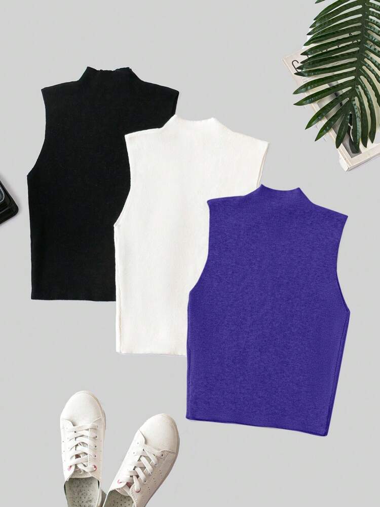 3pcs Stand Collar Solid Color Sleeveless Knit Tops