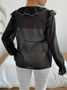 SHEIN Privé Camiseta Romántica De Manga Larga De Gasa Con Volantes En Bloque De Color Para Mujer