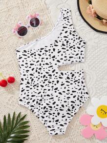 SHEIN Tween 女孩休閒針織一肩全印花連身泳衣 - 黑與白 - 查看 2