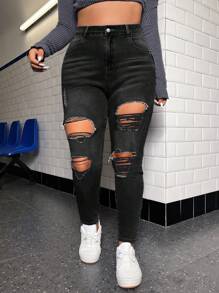 SHEIN ICON Plus High Waist Ripped Skinny Jeans Ripped Jeans - Black - View 1