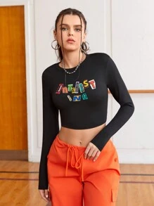 Gameset SHEIN Sport Letter Printed Cropped Athletic T-Shirt - Black - View 3