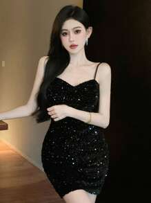 DAZY 女士纯色吊带性感连衣裙，生日、新年、夏季派对女士吊带裙、夜店装、返校节礼服、舞会礼服、亮片优雅女士连衣裙、嘉年华礼服 - 黑色 - 查看 6