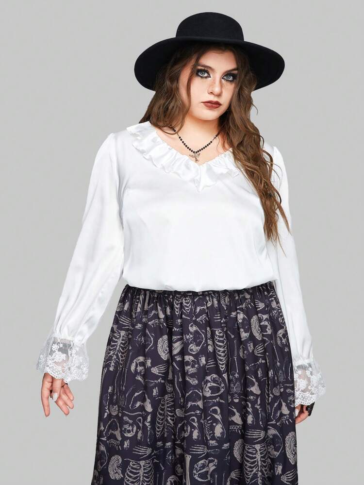 Women's Plus Size Solid Color Ruffle Trim Decorated Casual Shirt
