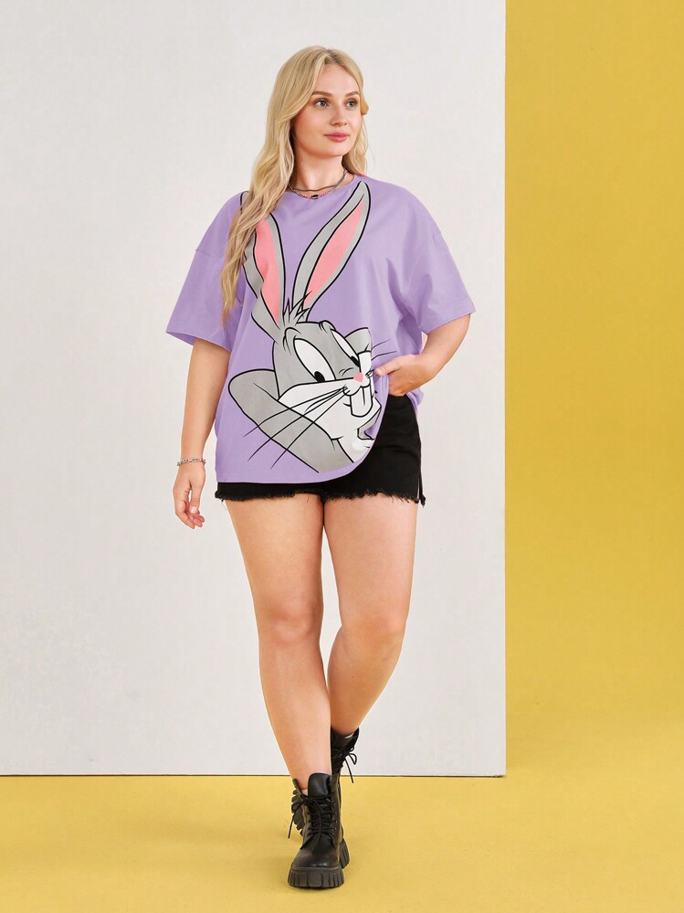 LOONEY TUNES X SHEIN Plus Cartoon Print Drop Shoulder T-Shirt For Summer - Mauve Purple - View 3