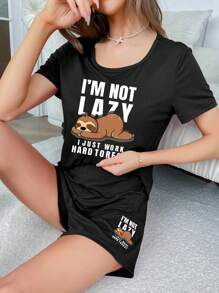 Sloth Print Short Sleeve T-Shirt And Shorts Pajama Set - Black - View 5