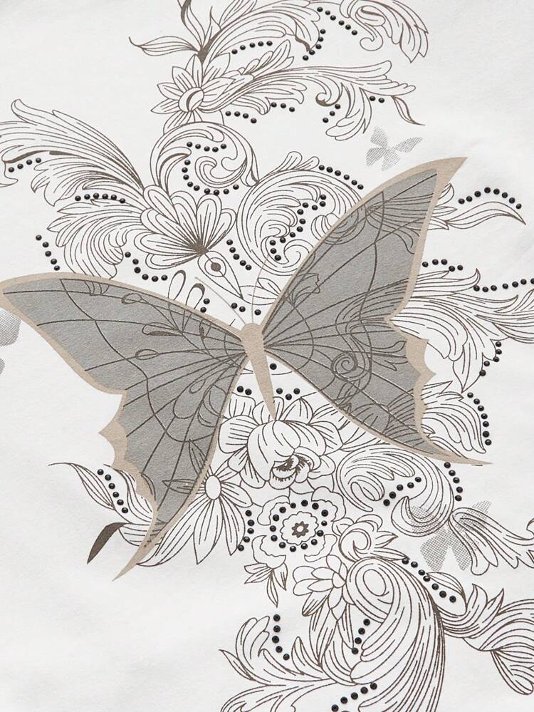 Vintage Butterfly Vine Pattern Printed Rhinestone Sexy Backless Slim Fit Women's T-Shirt