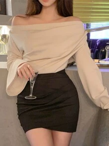 DAZY Women's Off-The-Shoulder Flared Sleeve T-Shirt,Fall Clothes,Back To School Clothes Long Sleeve Women Tops Off Shoulder Top - Apricot - View 2