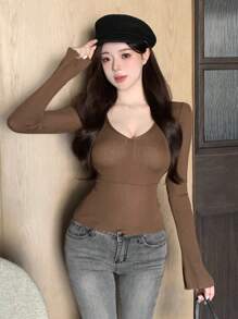 DAZY Slim Fit Solid Color V-Neck Women's Sweater With Long Sleeves,Fall Clothes - Brown - View 4