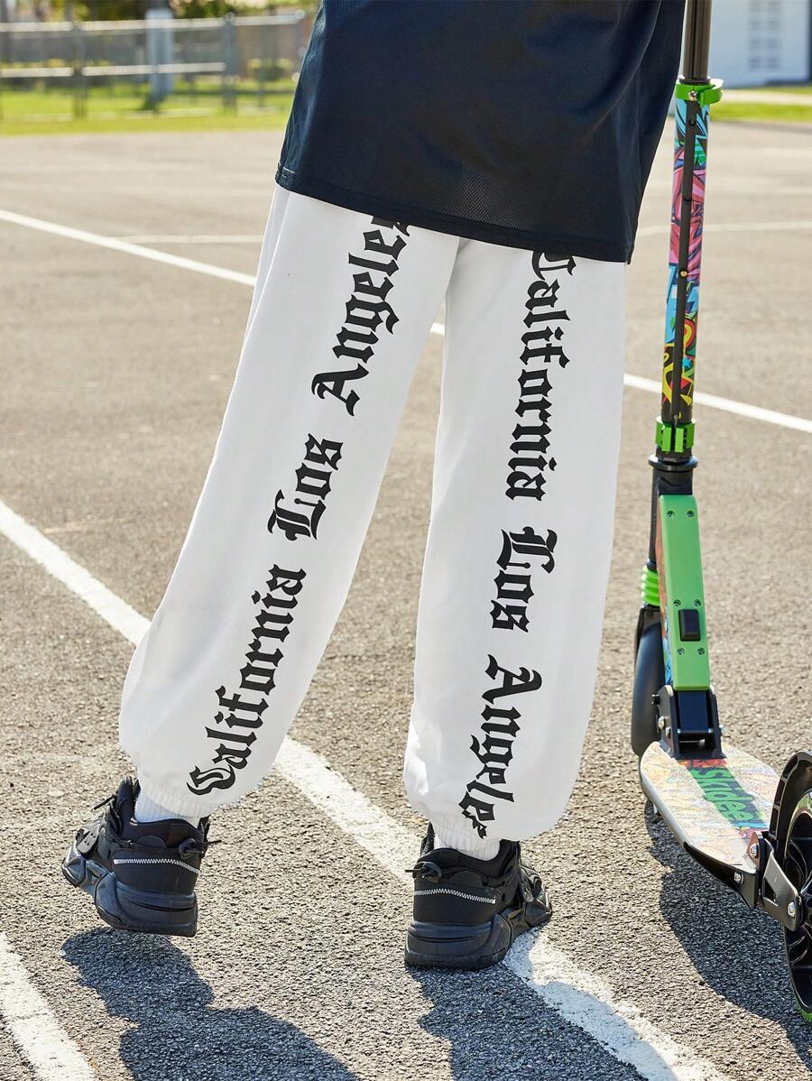 Tween Boys' Casual Loose Fit Joggers With Letter Print And Elastic Cuffs - White - View 1