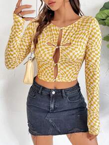 SHEIN Unity Women's Plaid Pattern Long Sleeve Cropped T-Shirt Fall Cloth For Women - Yellow - View 3