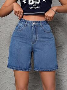 SHEIN PETITE Women's Solid Color High Waist Denim Shorts - Medium Wash - View 1