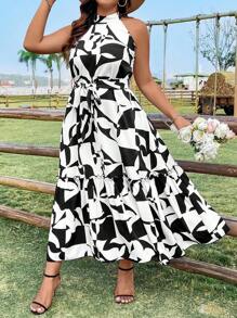 Breezaya 大尺碼優雅印花連身裙 - 黑與白 - 查看 5