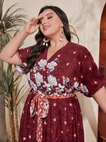 Mulvari Vestido De Talla Grande Con Estampado De Flores Y Cuello Envolvente Para Mujer