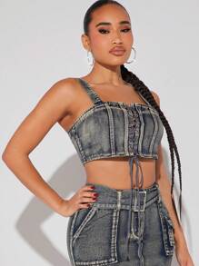 SHEIN Unity Denim Grommet Lace Up Front Crop Top - Medium Wash - View 6