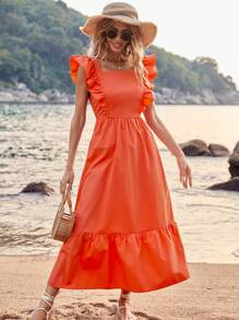 SHEIN VCAY Summer Women Beach Clothes Solid Orange Color Holiday Style Backless Bow-Knot Strap Ruffle Hem Long Dress - Orange - View 5