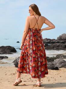 SHEIN VCAY Đầm dài cạp cao in họa tiết nhiệt đới màu đỏ cho ngày lễ bãi biển cỡ lớn có dây đeo có thể điều chỉnh - Nhiều màu - Xem 2