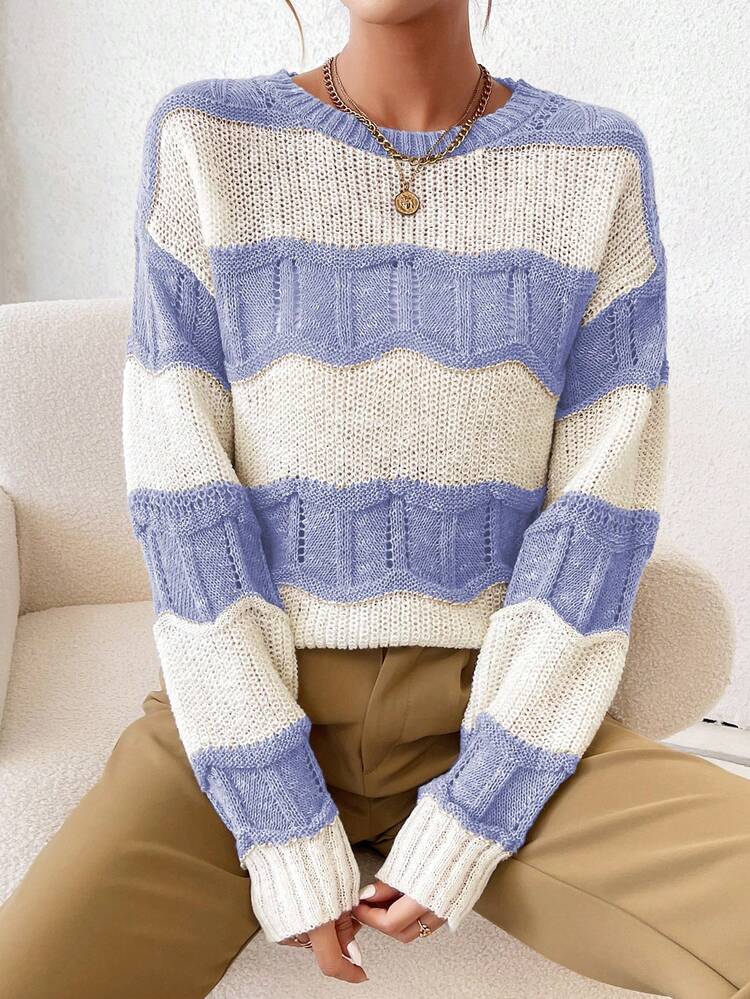 Ladies' Color Block Round Neck Sweater With Long Sleeve, Spring Commute, Knit Pullover Fall Winter