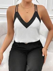 Camiseta Sin Mangas Para Mujer Con Bloque De Color En Blanco Y Negro, Doble Correa De Hombro Y Cuello, Adecuada Para Uso Diario Y Vacaciones