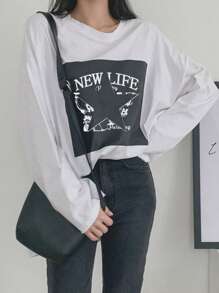 DAZY Của phụ nữ Vòng cổ Lá thư & Năm cánh Ngôi sao In Áo thun - trắng - Xem 4