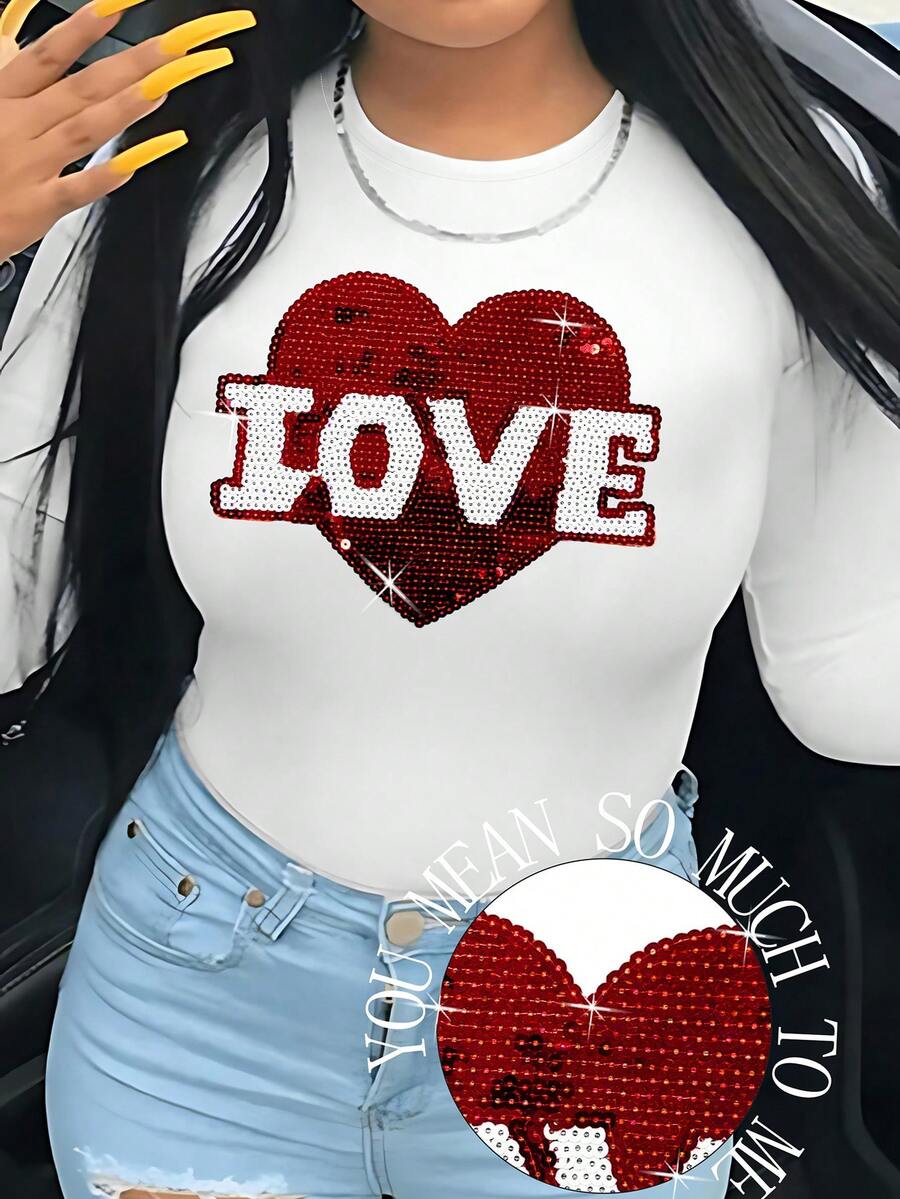 SHEIN LUNE 休閒長袖t恤,亮晶晶的心形裝飾 - 白色 - 查看 1