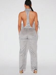 Hauture Sexy Allover Fuzzy Mock Neck Backless Halter Jumpsuit