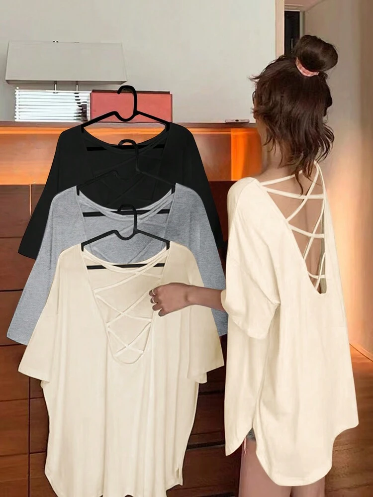 Plus Size 3pcs/Set Cross Back Loose Fit Casual T-Shirts
