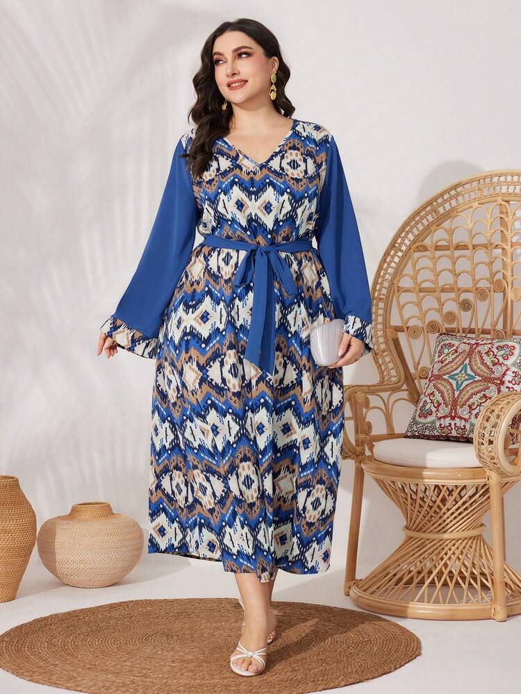 Plus Size Women's Geometric Pattern V-Neck Arabian Dress