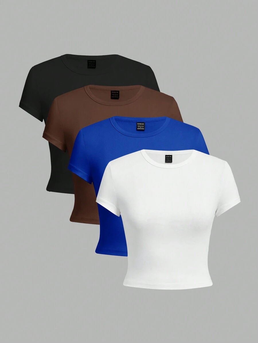 SHEIN EZwear 4pcs/Set Casual Minimalist Round Neck Short Sleeve Cropped Women T-Shirts, Suitable For Summer Suitable For Going Out - Multicolor - View 1