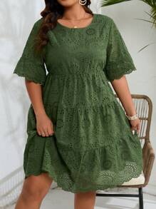 SHEIN Clasi Plus Size Embroidered Mesh Dress With Ruffle Hem - Army Green - View 3
