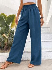 SHEIN LUNE Rộng Thắt lưng viền Thẳng Hoa Gai Chất vải Quần - Màu xanh lam - Xem 4