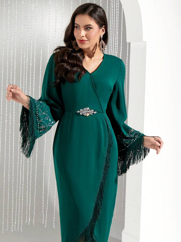 Women's Patchwork Fringed Sleeve Hem Dress Long Evening Dresses