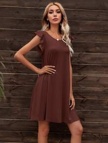 Ruffle Butterfly Sleeve Solid Dress - Navy Blue - View 3
