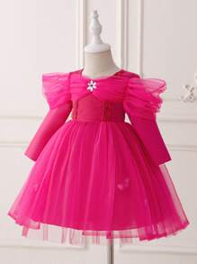 Baby Girl Tulle Spliced Fluffy Party Dress Formal Dress Clothing - Hot Pink - View 3