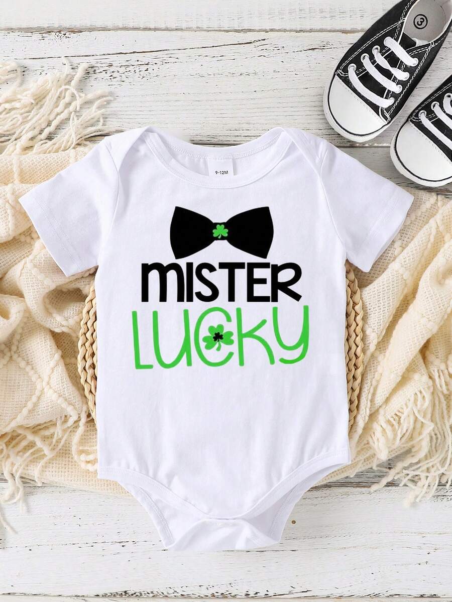 Baby Boy's St. Patrick's Day Clover Printed Bodysuit For Spring And Summer - White - View 1