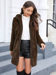 RELISH NOLESS Women's Zip-Up Faux Fur Hooded Jacket, Winter - Coffee Brown - View 1