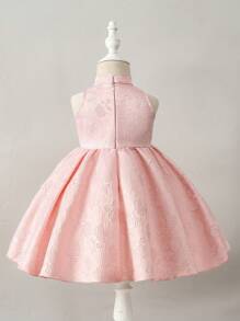 Baby Girls' Dress With Embroidered Texture, Cold Shoulder Elegant Party Dress Perfect For Birthday, Party, Wedding, Baptism, 1st Year Anniversary - Pink - View 2