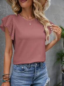 SHEIN Clasi Của phụ nữ Màu thuần Xu hướng: Cắt giảm Thêu Ngắn tay Áo thun - Bụi hồng - Xem 4