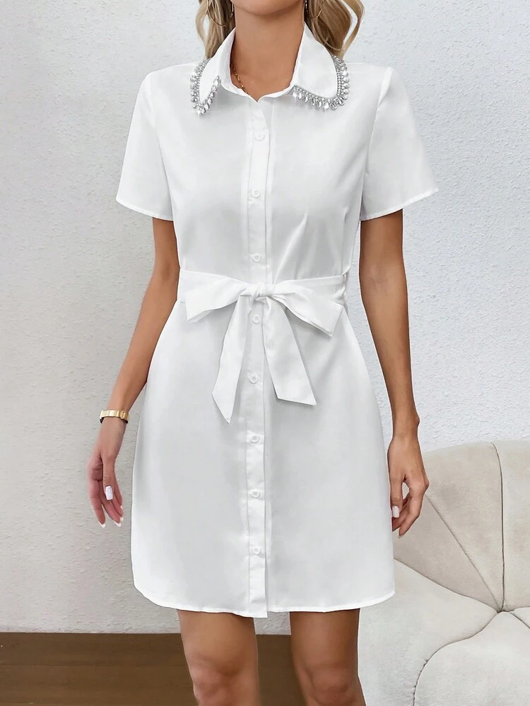 Women's Rhinestone Decorated Collar Edge Dress