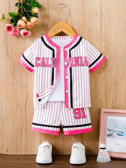 Baseball Jacket Style Sporty Chic Streetwear Baby Girl Outfit, Elegant And Cute Infant Fashion In Pink