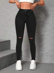 SHEIN PETITE 女式純色仿舊牛仔褲 - 黑色 - 查看 6