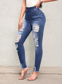 SHEIN SXY Quý cô Đau khổ Denim Quần jean - Rửa tối - Xem 5