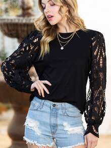 Acelitt Women's Round Neck Elegant Water-Soluble Lace Lantern Sleeve T-Shirt - Black - View 3