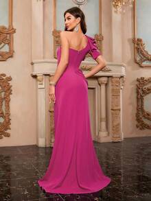 Asymmetrical Oblique Shoulder Slit Sleeveless Elegant Formal Evening Gowns - Hot Pink - View 2