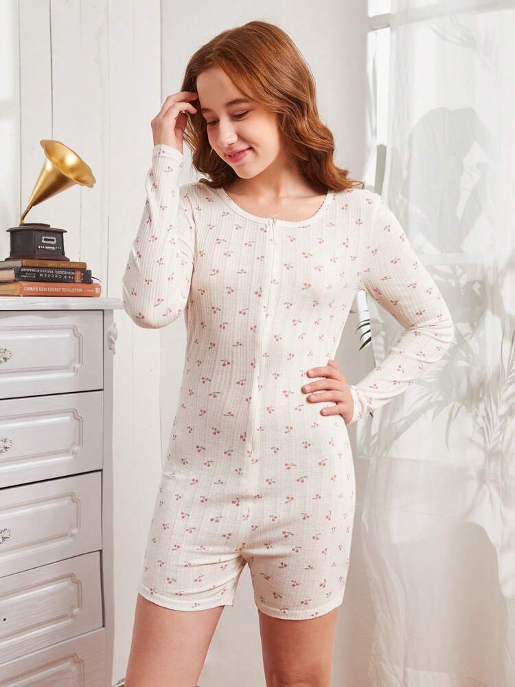 Teen Girls' Pink Fun Cherry Printed Jumpsuit Pajamas